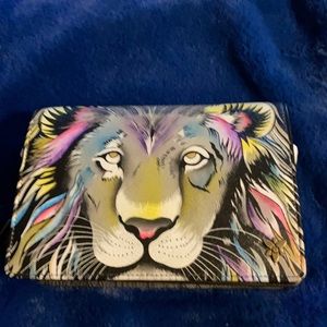 Anuschka Hand-Painted Leather Crossbody Organizer Wallet - Lion and RFID NEW